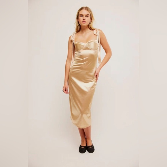 Free People Dresses & Skirts - Free People Casino Got Glam Tie Strap Gold Satin Midi Dress